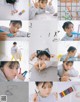 A collage of photos of a young girl drawing with markers.