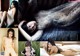 A collage of photos of a woman laying on a bed.